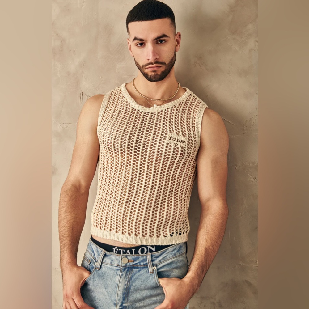 Étalon Beige Knitted Men’s Knitted Vest/Tank Top S/Smalk - Picture 3 of 5